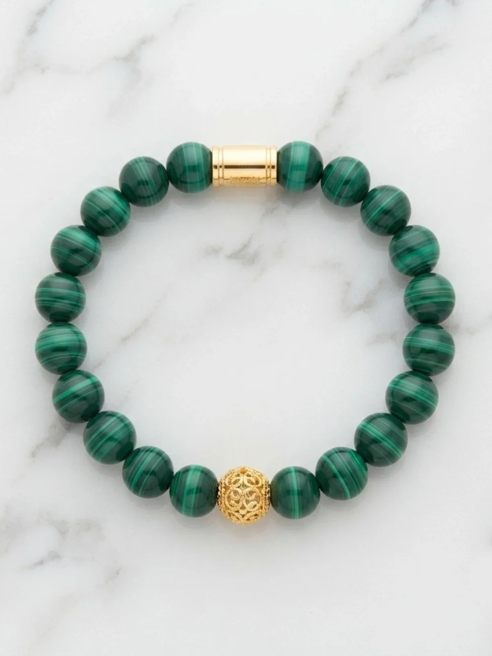Altius Malachite & Gold Plated Ethiopian Bead Bracelet 10mm Handmade Stretch 7